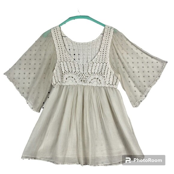 XXI 100% Silk and Crochet Boho Blouse Size Medium Off White Bell Sleeve - Picture 1 of 10